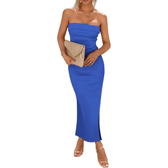 Women's Summer Bodycon Maxi Tube Dress Ribbed Strapless Side Slit Maxi Dress